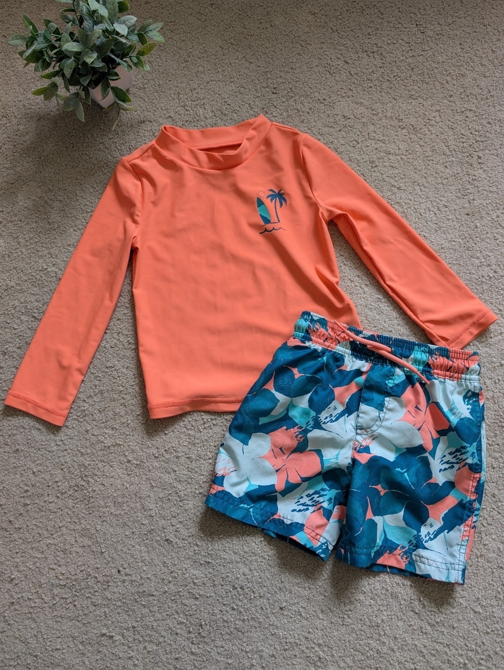 Carter's Boy's 3T Long-Sleeve Rashguard with Floral Swim Shorts